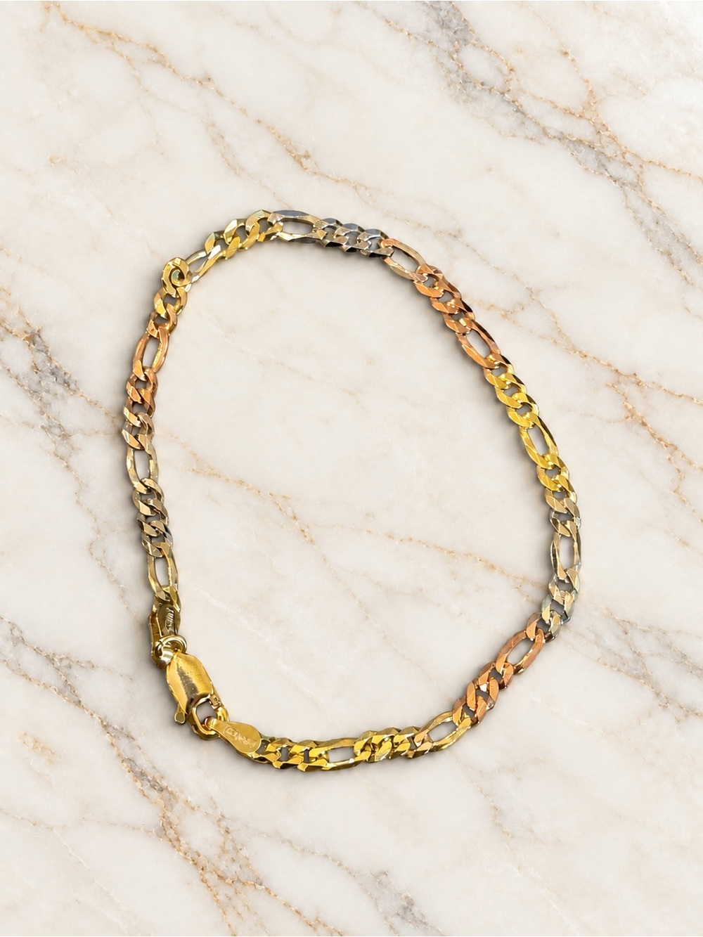 925 Sterling Silver Three-Tone Flat Figaro Bracelet MSRP $65 NWT